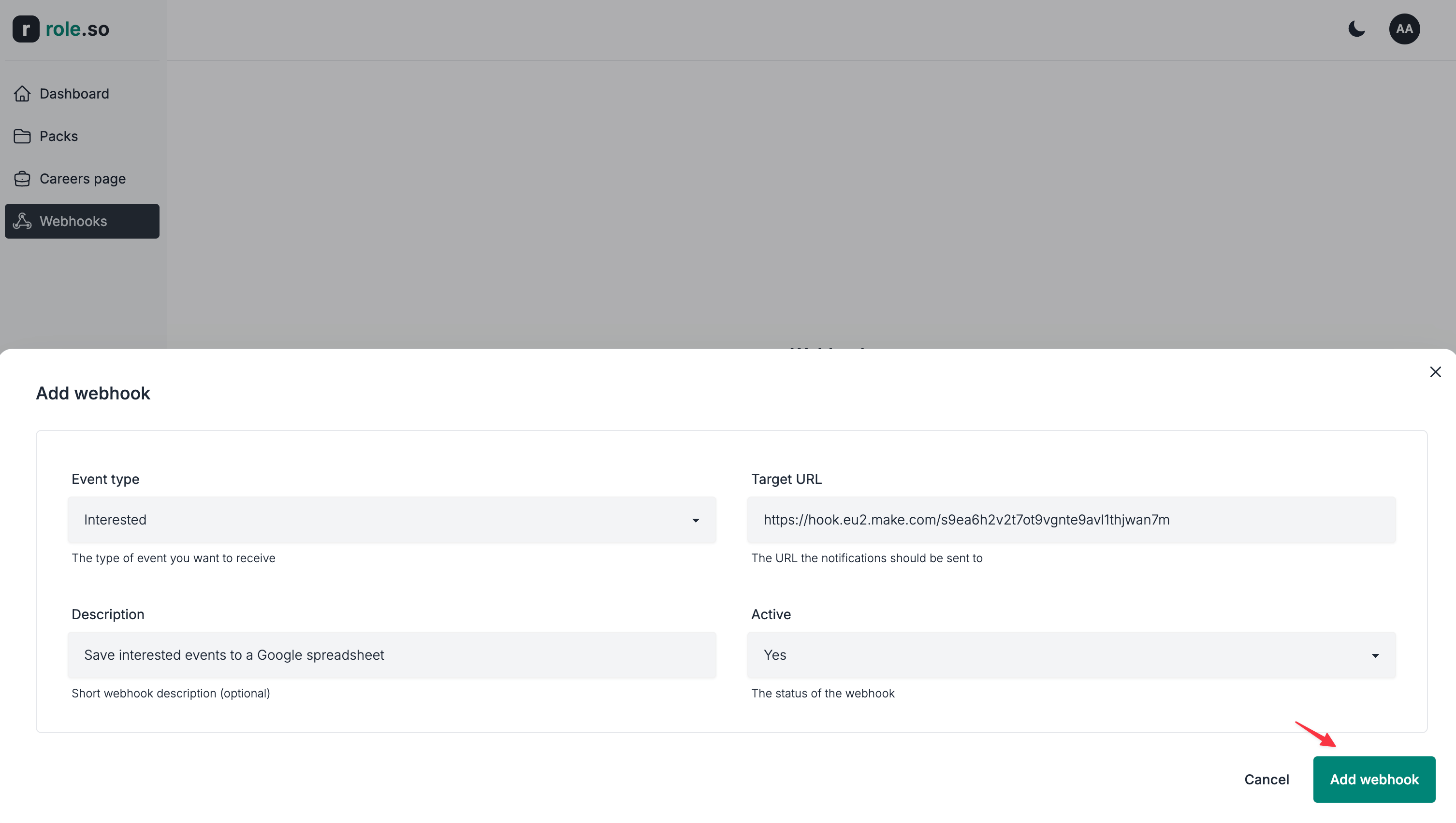 Save webhook form